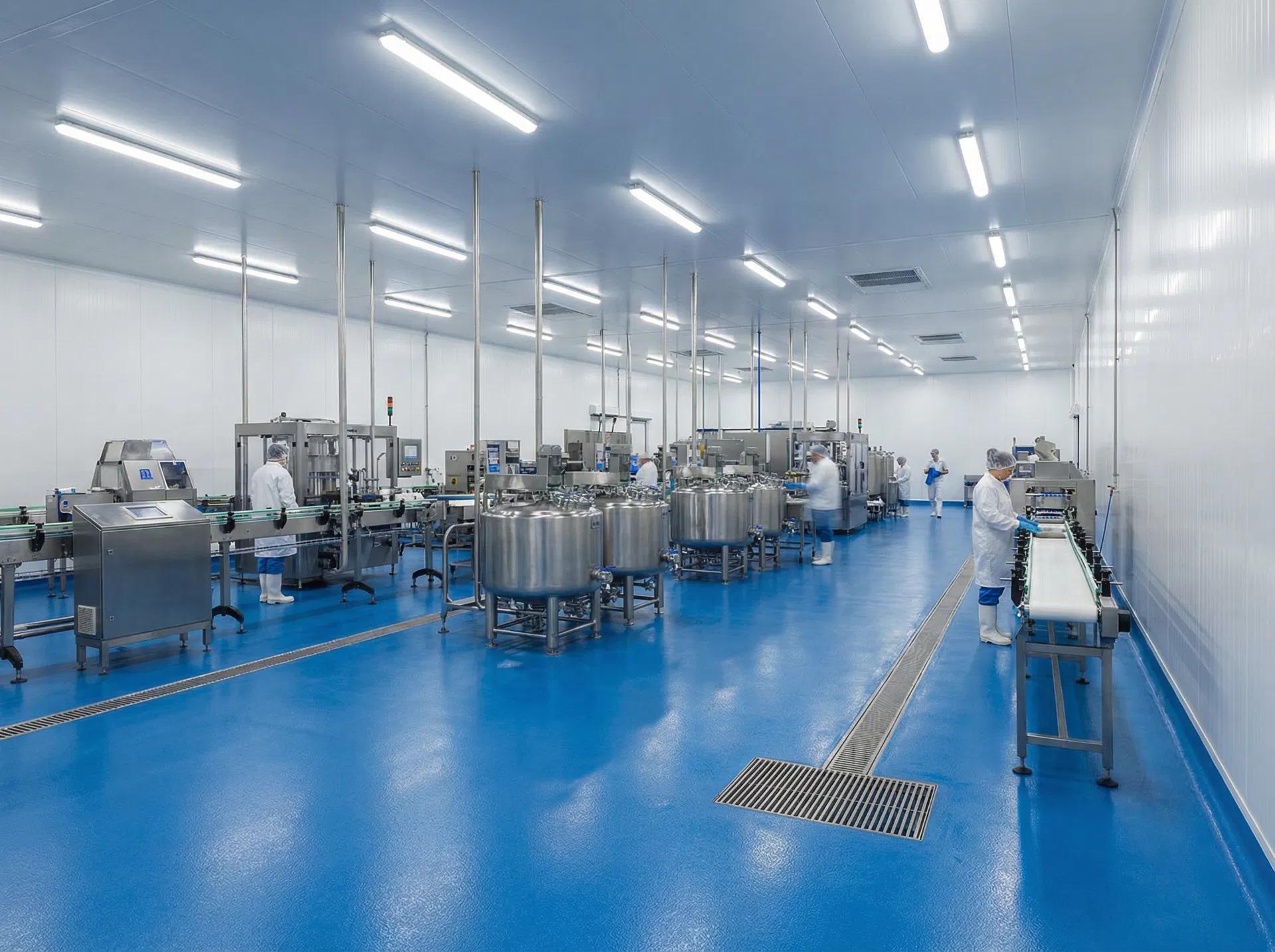 Cleanroom production facility with blue resin flooring