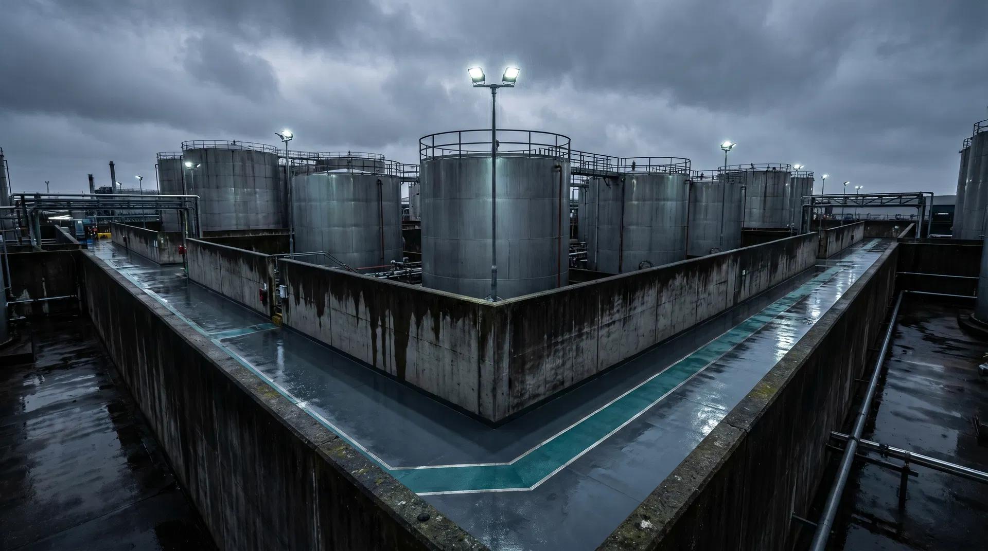 Industrial storage tanks at a facility under a stormy, overcast sky.